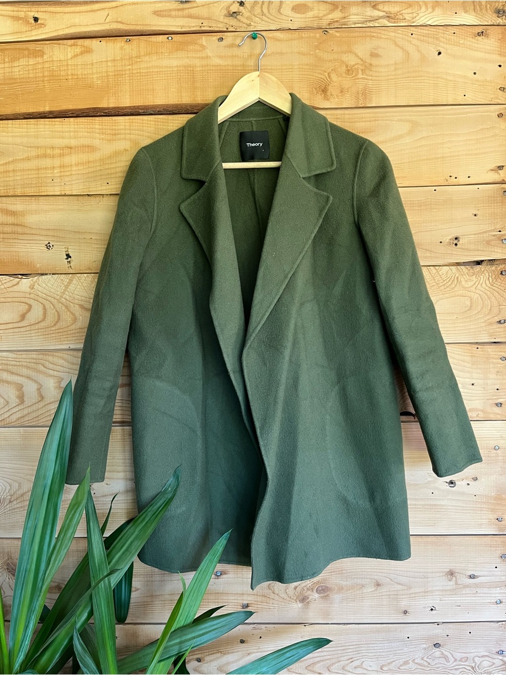 Theory Olive Green Open-Front Wool-Cashmere Clairene Coat